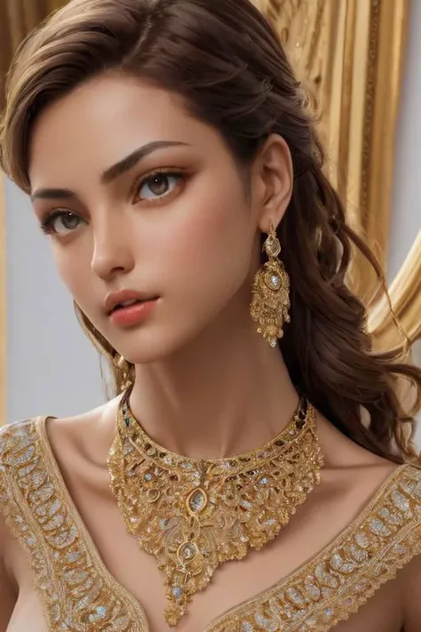 realistic portrait of an extremely beautiful iraqi woman of royalty, detailed facial features, piercing eyes, elegant long eyelashes, beautiful lips, delicate nose, intricate royal jewelry, ornate headdress, lavish palace interior, golden accents, dramatic lighting, highly detailed, photorealistic, 8k, cinematic composition, dramatic pose, elegant, regal, masterpiece