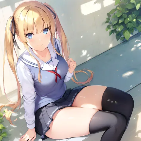 (masterpiece),(best quality),(ultra-detailed),(best illustration),(best shadow),(absurdres),(detailed background),(very aesthetic),sawamura eriri spencer, 1girl, solo, blonde hair, twintails, thighhighs, blue eyes, long hair, skirt, school uniform, sitting, black thighhighs, pleated skirt, white background, looking at viewer, smile <lora:eriri:1>