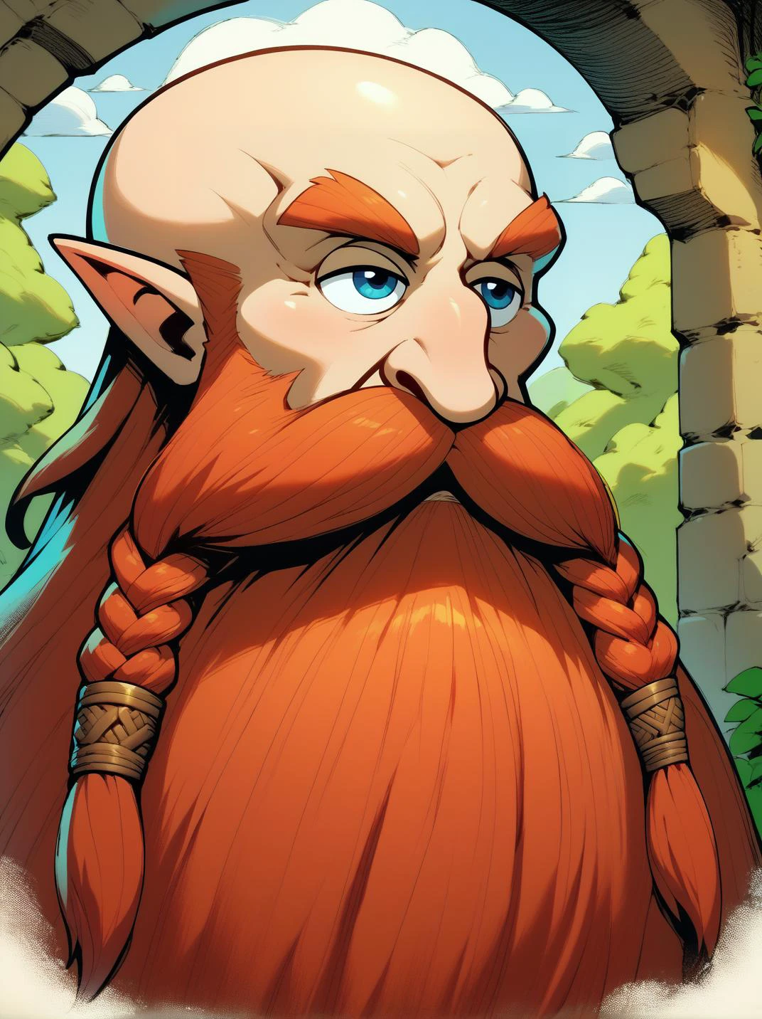 Legend of Zelda style ,score_9, score_8_up, score_7_up, score_6_up, score_5_up, score_4_up, <lora:Harry_Dwarf_Pony_XL:1>, portrait, Harry_Dwarf, bald, bangles, with long red beard and braided moustache, exciting, dynamic, <lora:handsomize_x_pdxl_v1:1>, handsomize . Vibrant, fantasy, detailed, epic, heroic, reminiscent of The Legend of Zelda series