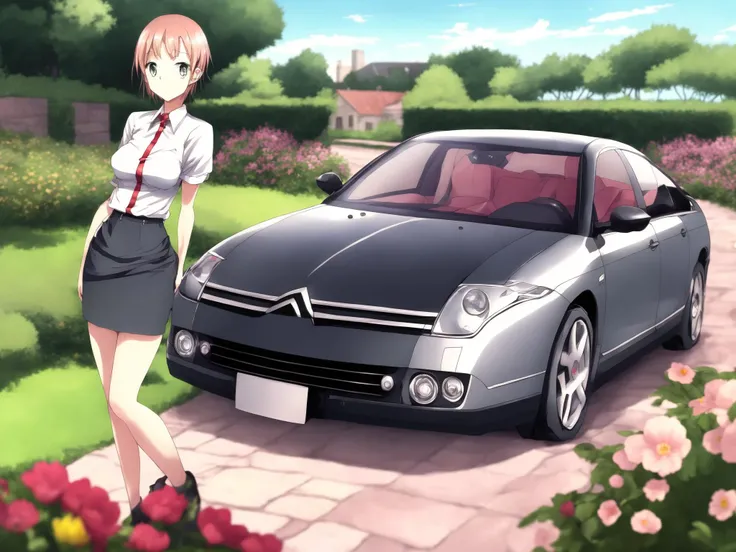 (anime cartoon drawing:1.2) citroenc6 with 1girl milf woman, detailed, high quality, garden, looking at viewer, sexy, bra, skirt, flowers, shirt