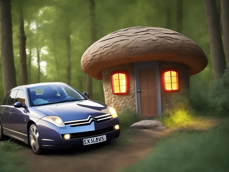 Mushroom house with citroenc6 parked beside, in an enchanted magical forest, glowing, detailed, firefly, crisp details, in focus, vivid colors