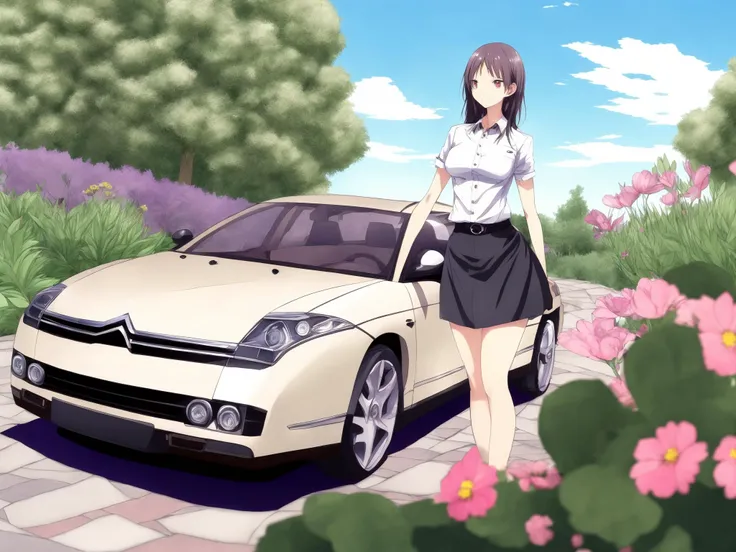 (anime cartoon drawing:1.2) citroenc6 with 1girl milf woman, detailed, high quality, garden, looking at viewer, sexy, bra, skirt, flowers, shirt