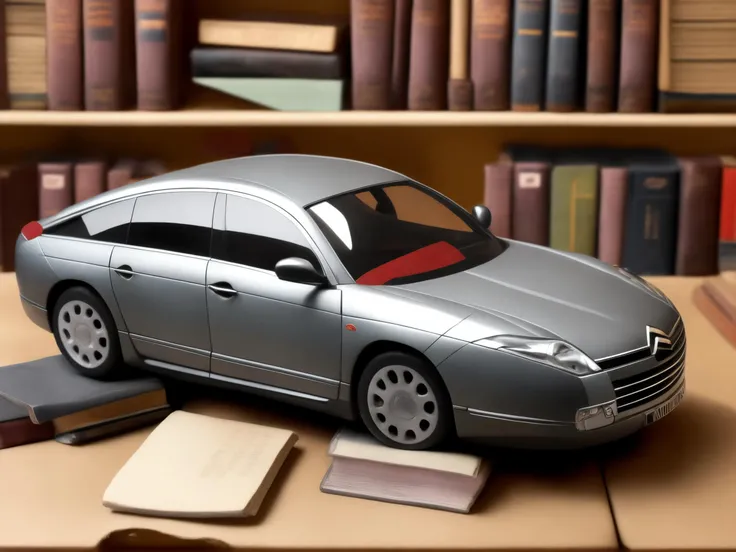 matchbox car citroenc6 on shelf between books, detailed high quality
