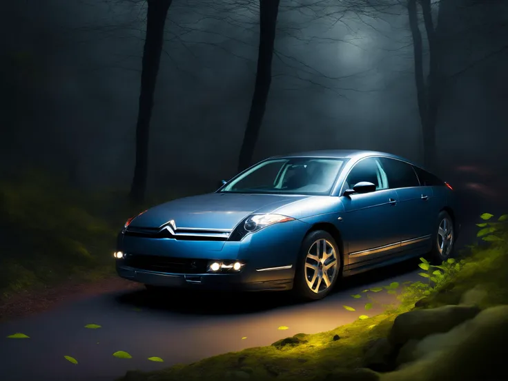 CitroenC6 in enchanted fairy forest scene, fireflies, glowing mushrooms, highly detailed, details