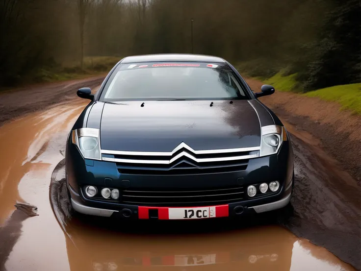Rally car citroenc6, wet, dirty, puddle, rain, storm, scratch, decal