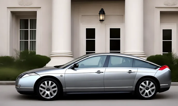 silver citroenc6 in front of an embassy building. soft light, masterpiece, steps, stairs, diplomat, detailed, high quality, professional photo, soft shadow
