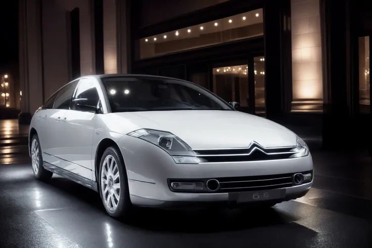 CitroenC6 parked. night, wet, reflection, lights, shadow, detailed, UHD