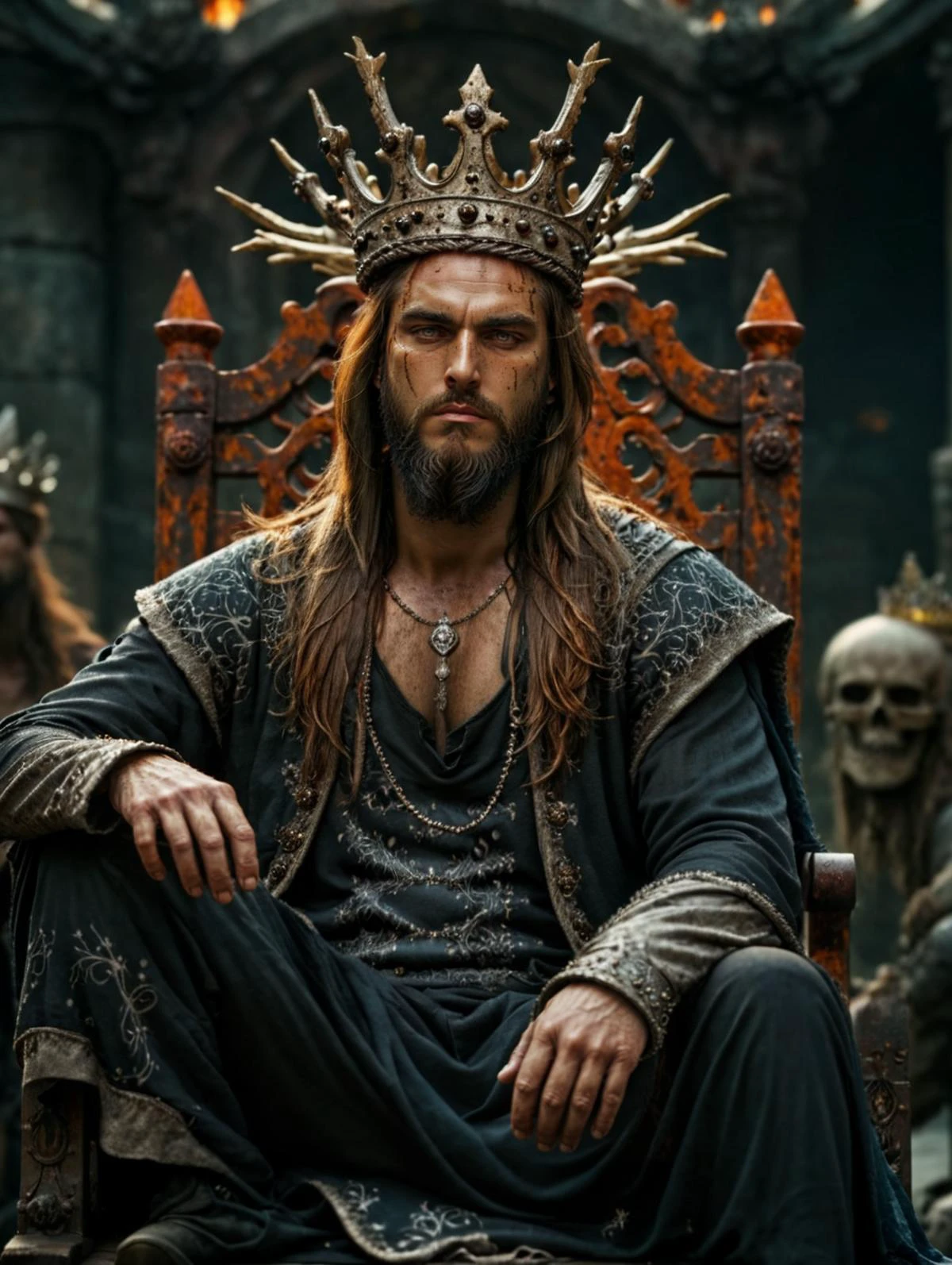 shoulder photography of a dark fantasy character named "the sorrow King", beard, rust crown, sitting on throne, long hair, high resolution, detailed eyes <lora:Haris_Nukem_Style_XL:0.8>, <lora:stylesqueeze_v2_xl:1>