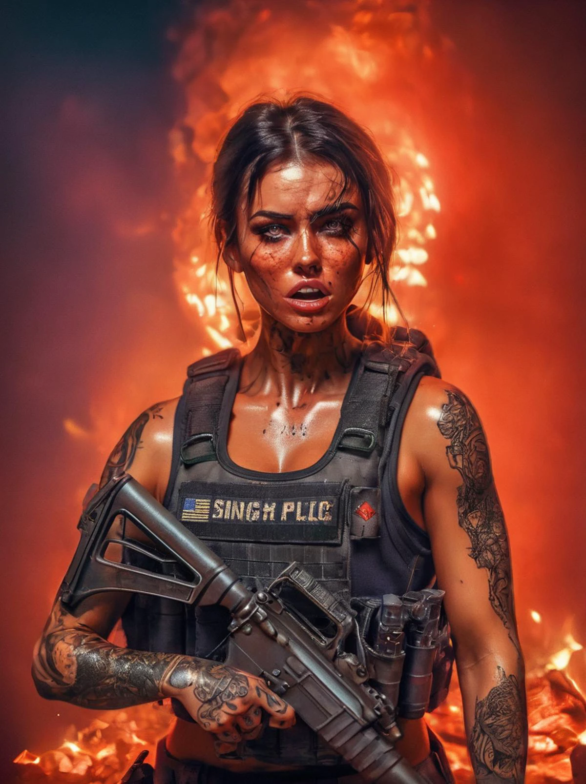 gorgeous woman, erotic art, portrait of a us navy seal, muscular girl, grenade in mouth, nude under a bulletproof vest, tattoed, red light, fire, detailed eyes, <lora:Haris_Nukem_Style_XL:0.8>, detailed skin texture, (blush:0.5), (goosebumps:0.5), subsurface scattering, dry skin, fuzzy skin
