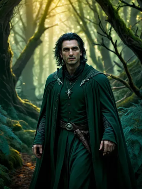 a man in a green cloak and cape walking through a forest