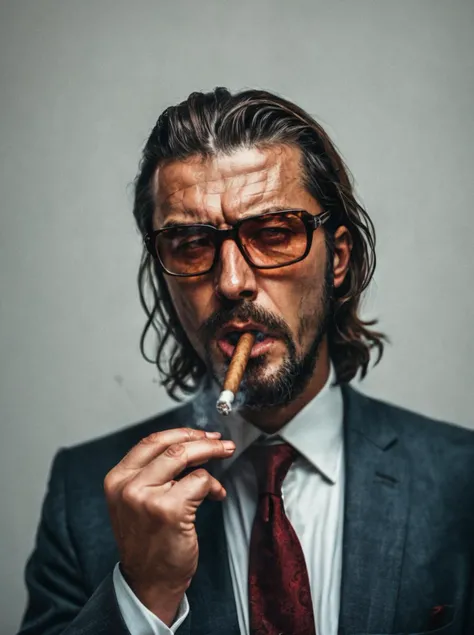 a gorgeous man in a suit smoking a cigar, behance. polished, anger + wrath, featured on unsplash, boss, long brown hair, beard, glasses, professional portrait hd, shodan, kardur\'s vicious return, mobster, the character is a man, big boss <lora:Haris_Nukem_Style_XL:0.8>