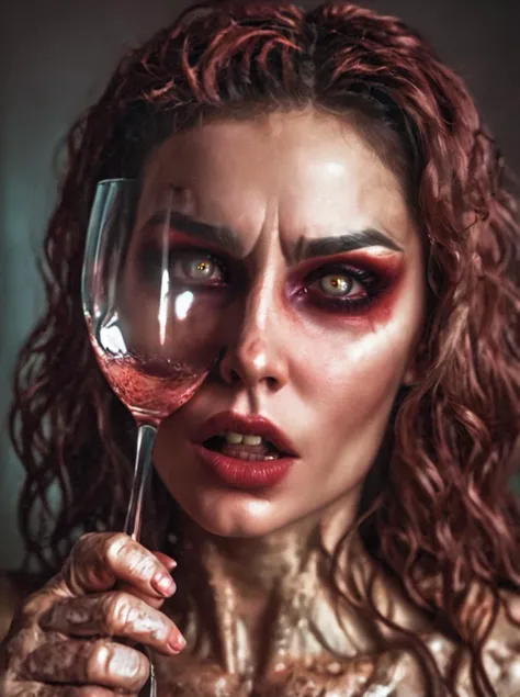 a woman holding a glass of wine, portrait of supermodel as demon, still from a porn video, funny artwork, detailed eyes <lora:Haris_Nukem_Style_XL:0.8>, detailed skin texture, (blush:0.5), (goosebumps:0.5), subsurface scattering, dry skin, fuzzy skin
