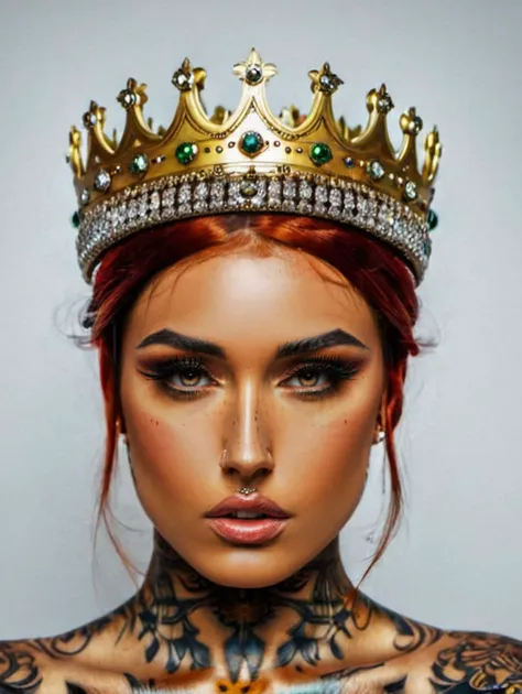 a woman with tattoos and a crown on her head