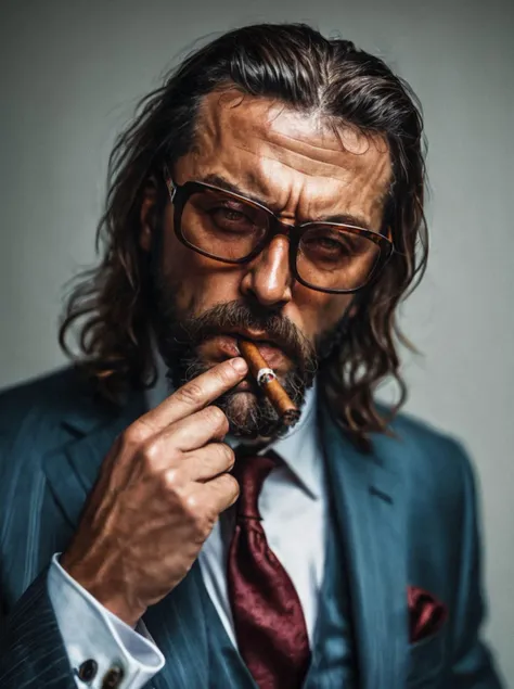 a gorgeous man in a suit smoking a cigar, behance. polished, anger + wrath, featured on unsplash, boss, long brown hair, beard, glasses, professional portrait hd, shodan, kardur\'s vicious return, mobster, the character is a man, big boss <lora:Haris_Nukem_Style_XL:0.8>