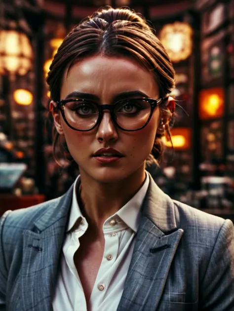 A boss Woman photographied by Haris Nuken, brown hair, hair bun, cute face, wearing eyeglasses, a suit jacket open on the chest, leadership, serious, hyper detailed, enhanced eyes, bar in the background, Cinematic still shoot, Closeup-View, F/2.8, 16k, Rim Lighting, Cinematic Lighting, Volumetric Lighting, Beautiful Lighting, insanely detailed and intricate, hypermaximalist, elegant, ornate, hyper realistic, super detailed
 <lora:Haris_Nukem_Style_XL:0.8>,  <lora:stylesqueeze_v2_xl:1>