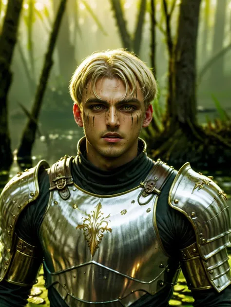shoulder photography of a dark fantasy character named "the traitor Knight", blond hair, perfect face, gold and silver armor, in a swamp, short hair, high resolution, detailed eyes <lora:Haris_Nukem_Style_XL:0.8>, <lora:stylesqueeze_v2_xl:1>