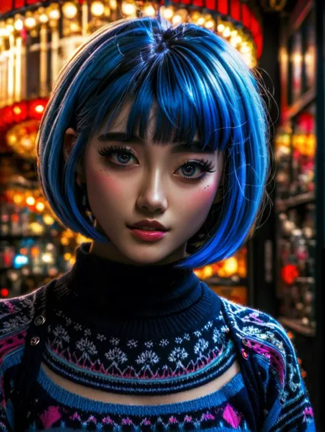 A petit japanese Woman photographied by Haris Nuken, cheerfull, blue hair, bob haircut, wearing a black sweater, geek, flirty, 21 years old, hyper detailed, enhanced eyes, bar in the background, Cinematic still shoot, Closeup-View, F/2.8, 16k, Rim Lighting, Cinematic Lighting, Volumetric Lighting, Beautiful Lighting, insanely detailed and intricate, hypermaximalist, elegant, ornate, hyper realistic, super detailed
 <lora:Haris_Nukem_Style_XL:0.8>,  <lora:stylesqueeze_v2_xl:1>