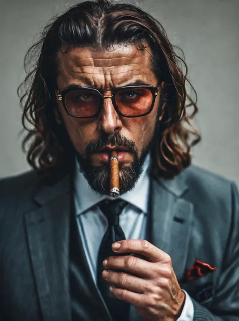 a gorgeous man in a suit smoking a cigar, behance. polished, anger + wrath, featured on unsplash, boss, long brown hair, beard, glasses, professional portrait hd, shodan, kardur\'s vicious return, mobster, the character is a man, big boss <lora:Haris_Nukem_Style_XL:0.8>