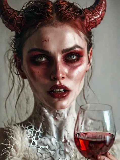 a woman holding a glass of wine, portrait of supermodel as demon, still from a porn video, funny artwork, detailed eyes <lora:Haris_Nukem_Style_XL:0.8>, detailed skin texture, (blush:0.5), (goosebumps:0.5), subsurface scattering, dry skin, fuzzy skin