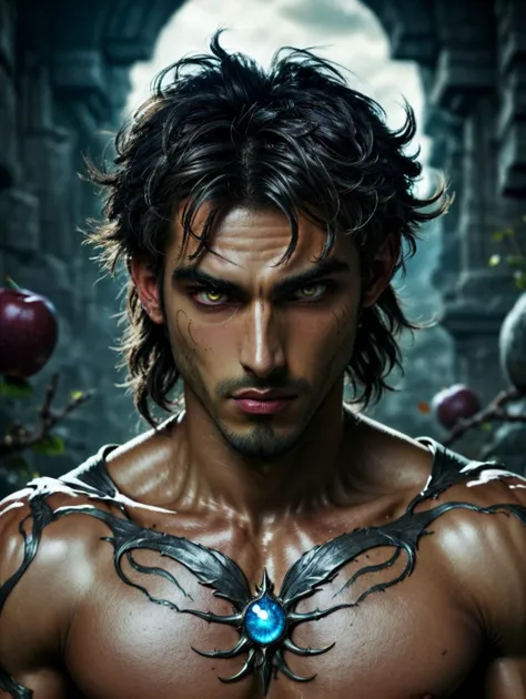 shoulder photography of a dark fantasy character named "Apple of discord", fantasy background, high resolution, detailed eyes <lora:Haris_Nukem_Style_XL:0.8>, <lora:stylesqueeze_v2_xl:1>
