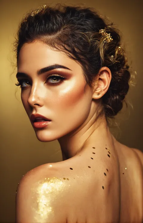 fashion photoshoot, shot by Ellen Von Unwerth, harisnukemXL, photography, from the back of a beautiful Jordanian woman with a tired expression, gorgeous makeup, in a studio, two-tone background, gold flakes, detailed face, stunning beauty, detailed skin, (freckles:0.2) <lora:Haris_Nukem_Style_XL-000009:0.7>, high quality, 4k, 8k, masterpiece, two tone cinematic lighting