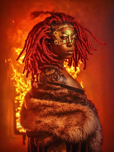 harisnukemXL, photography of a a woman in a fur coat and mask, red dreadlocks, fire light, afrofuturistic, looking a the viewer, shoulder portrait, <lora:Haris_Nukem_Style_XL:1>
