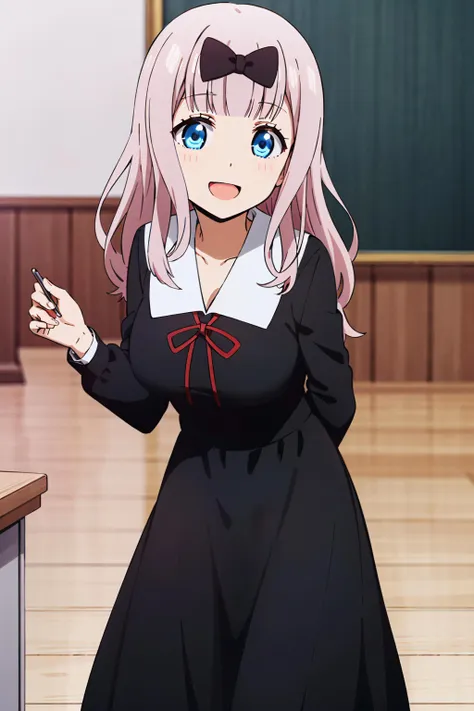 best quality, (masterpiece:1.2), detailed,
<lora:chara_Kaguya-samaWaKokurasetai_FujiwaraChika_v1:0.8>, fujiwara chika (kaguya-sama),
1girl, solo, open mouth, smile,
pink hair, blue eyes, long hair,
school uniform, black dress, hair bow, black bow, red ribbon,
standing, hands together, looking at the viewer,
classroom