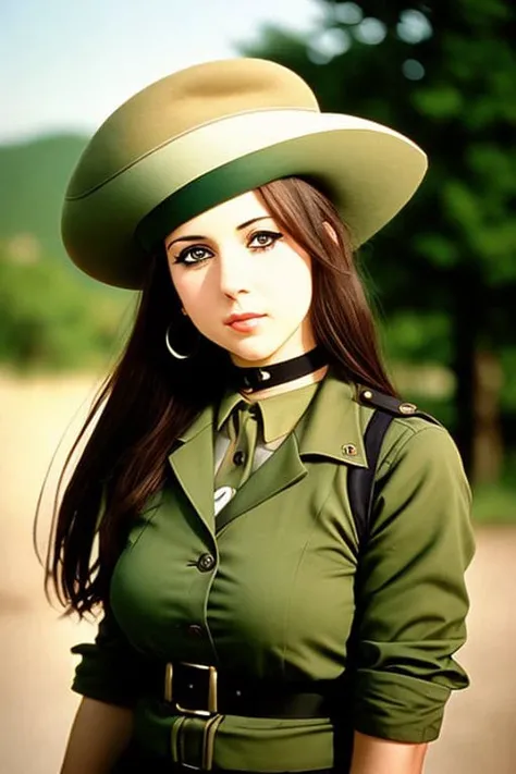 professional photograph of a green beret woman, face focus,<hypernet:lizVicious_v10:1>,film grain