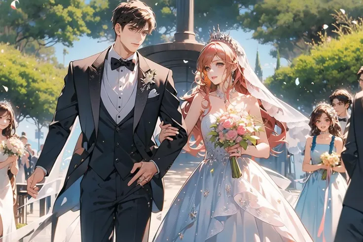 (masterpiece:1.2),(masterpiece, top quality, best quality),highres,original,dynamic pose,
1girl, 1boy, dress, veil, wedding dress, black hair, bow, long hair, hetero, tiara, jewelry, black pants, bowtie, formal, white dress, pants, ring, standing, wedding, outdoors, suit, tuxedo, couple, looking at another, bridal veil, bride, day, vest, black bowtie, black bow, groom, novel cover, pink hair, flower, brown eyes
)<lora:hunli:0.6>