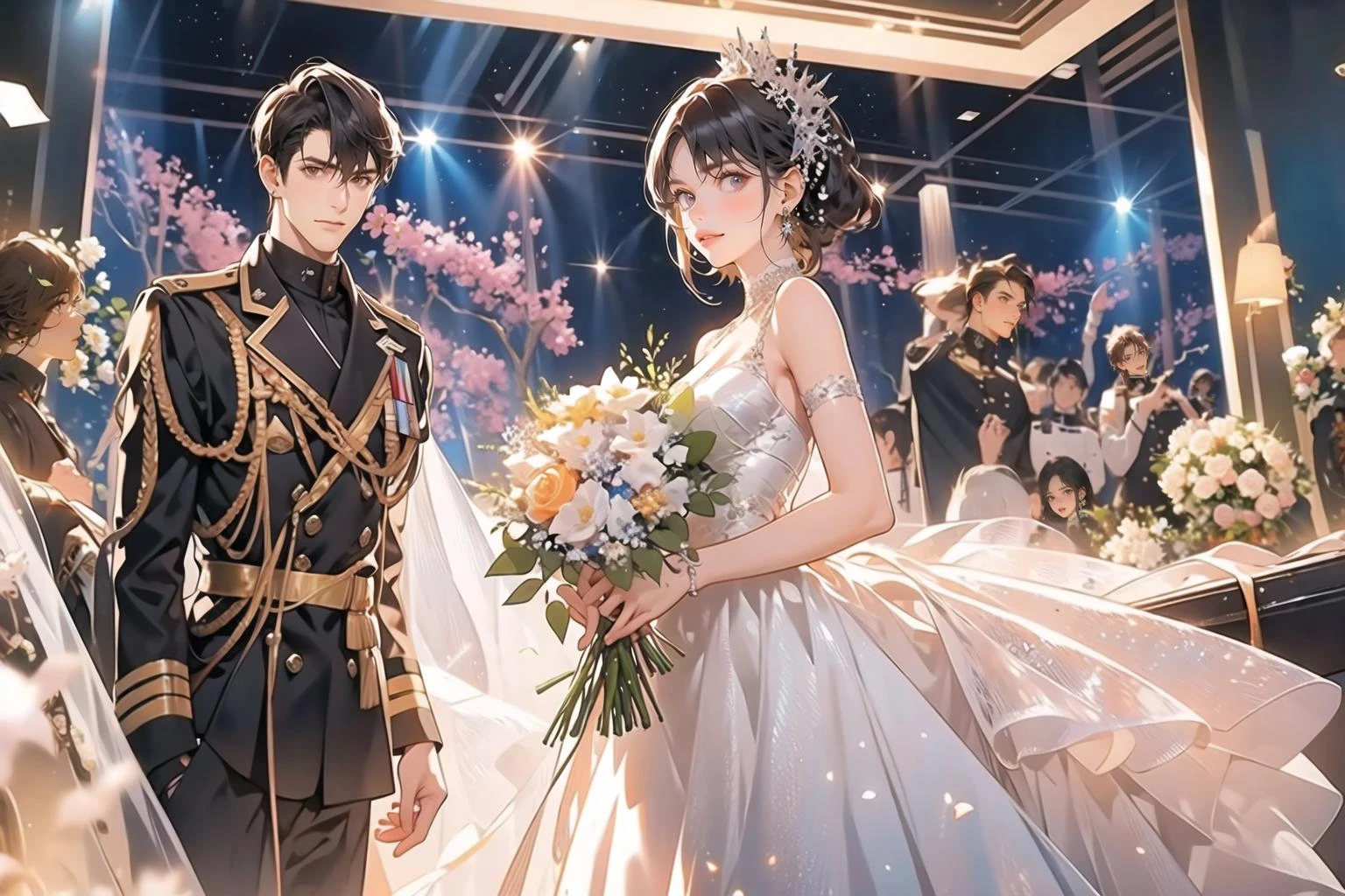 (masterpiece:1.2),(masterpiece, top quality, best quality),highres,original,dynamic pose,
1 girl, 1 boy, flowers, black hair, evening gown, dress, military uniform, military uniform, bouquet, long hair, hair accessories, earrings, military uniform, shirt, holding bouquet, white flower, holding, straight, white shirt, pink flower, looking at the audience, short hair
<lora:hunli:0.5>