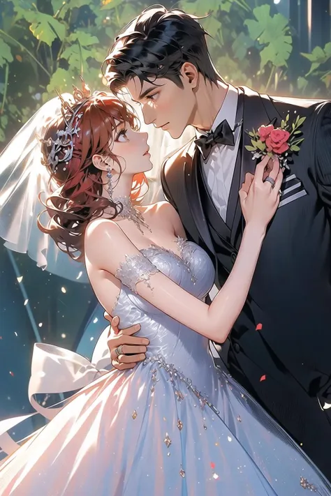 (masterpiece:1.2),(masterpiece, top quality, best quality),highres,original,dynamic pose,
1girl, 1boy, dress, veil, wedding dress, black hair, bow, long hair, hetero, tiara, jewelry, black pants, bowtie, formal, white dress, pants, ring, standing, wedding, outdoors, suit, tuxedo, couple, looking at another, bridal veil, bride, day, vest, black bowtie, black bow, groom, novel cover, pink hair, flower, brown eyes
)<lora:hunli:0.6>