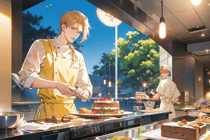 (masterpiece:1.2),(masterpiece, top quality, best quality)
1 girl, 1 boy, 2 people, chef, Chef hat, kitchen, pastry, cake, cream, dessert, food,chef uniform, chef, kirochef,
<lora:hunli:0.5>