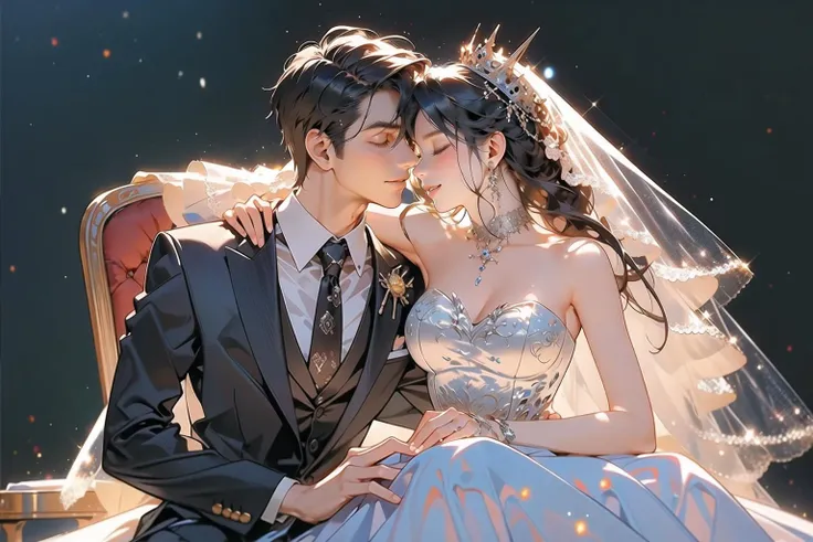 (masterpiece:1.2),(masterpiece, top quality, best quality),highres,original,dynamic pose,
1girl, 1boy, formal, dress, suit, veil, brown hair, wedding dress, necktie, sitting, realistic, black hair, closed eyes, short hair, bridal veil, chair, smile, tiara, bare shoulders, white dress, looking at another, stool
)<lora:hunli:0.6>