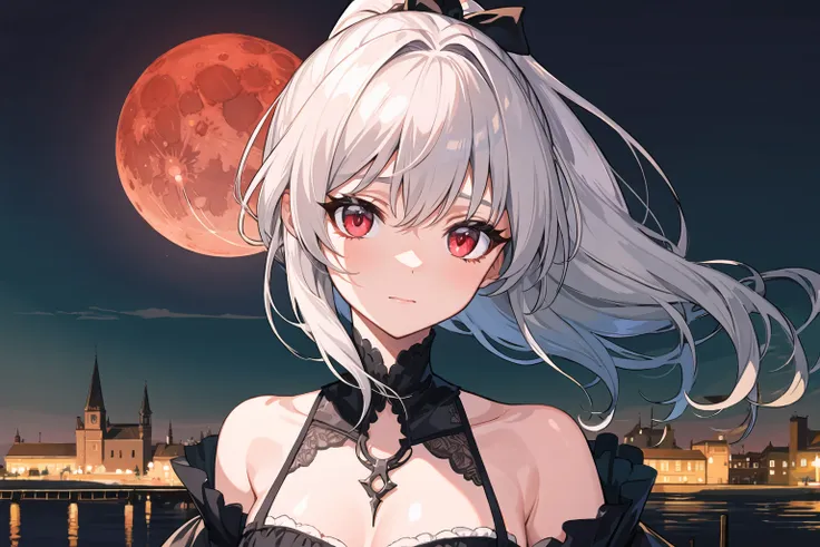 best quality,masterpiece,extremely detailed CG unity 8k wallpaper,ultra-detailed, illustration,blood moon,night,gothic architecture,cloudy,deep black sky,grey hair,sliver hair,short hair, ponytail,looking at viewer,medium breast,1 girl,solo, light red eyes,delicate face,beautiful detailed eyes,eyelash,victorian style,outdoors,ligneClaire,