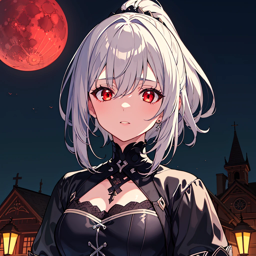 best quality,masterpiece,extremely detailed CG unity 8k wallpaper,ultra-detailed, illustration,blood moon,night,gothic architecture,cloudy,deep black sky,grey hair,sliver hair,short hair, ponytail,looking at viewer,medium breast,1 girl,solo, light red eyes,delicate face,beautiful detailed eyes,outdoors,