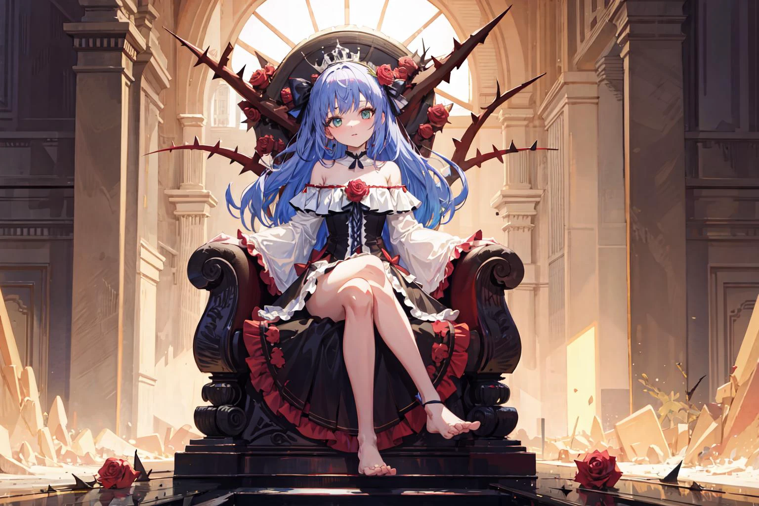 masterpiece,best quality,1 girl,solo,evening dress,bare shoulders,off-shoulder dress,(blue hair AND purple hair),green eyes,medium breasts,princess,throne crown,full body,beautiful detailed eyes,delicate face,bare legs,bare feet,sitting,(thorns made of throne and thistles:1.4),(cystal,palace,roses:1.2),looking at viewer,stained classes,indoors,windows,victorian style,garden