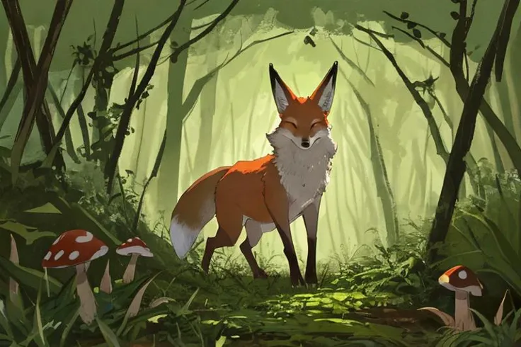 a fox in a dark forrest, mushrooms, dark shadows, masterpiece, best quality