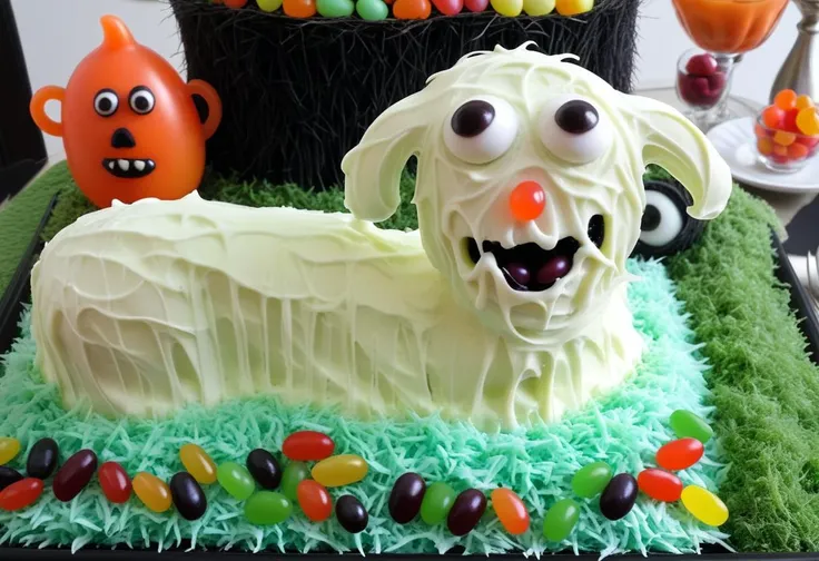 horror \(theme\), frosting, jelly beans, fake grass, l4mb <lora:EasterLambWTF-9:0.8> googly eyes