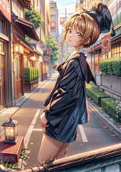 <lora:kinomoto_sakura_mixed_v2_64-000004:1.0>, masterpiece, best quality, 1girl, solo, kinomoto sakura, ,<lora:GoodHands-vanilla:1.3>,,wear black graduation gown <lora:TWGirlsInGraduationGown:0.8>girls_in_graduation_gown, 1girl, (nsfw:1.1), sexy, erotic, seductive, wear underwear, bar, pants, masterpiece, best quality, wear cap, ancient tokyo street, light bub ,lamp