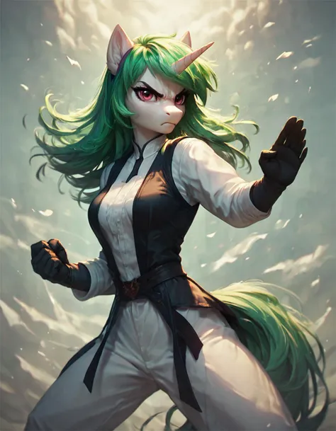 score_9, score_8_up, score_7_up, source_furry, 
shuto uke fighting stance,
female, solo, breasts, unicorn, hair, fur, my little pony, gloves, outside, equine, fingers, anthro, green hair, looking at viewer, mammal, shaded, eyelashes, pink eyes, horn, rainbow hair, multicolored hair, eyebrows, hasbro, detailed background, friendship is magic, 5 fingers, white body, iskra, 2021, equid, digital media \(artwork\), 2020, inner ear fluff, solo,looking at viewer, angry, (( wind, epic)), dynamic, motion blur
 <lora:shuto-uke:0.8>