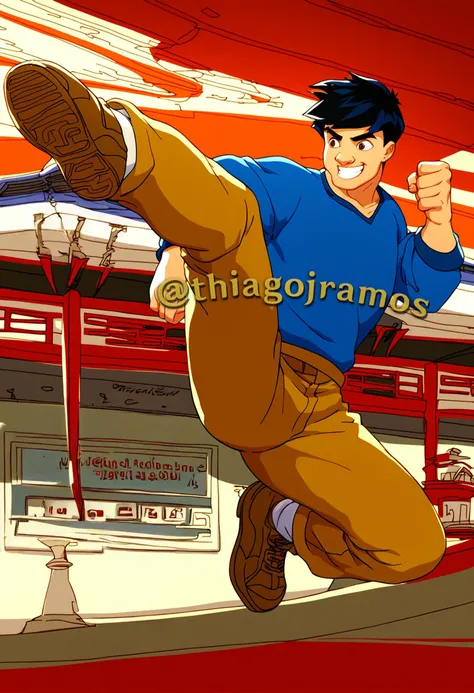 score_9, score_8_up, score_7_up, JackieChanADV, smiling, blue shirt, tan pants, brown shoes, leg kick, fighting stance, incoming attack, full body, <lora:muay_thai_kick:0.8>, <lora:JackieChanADV-Pony:1>, east asian architecture