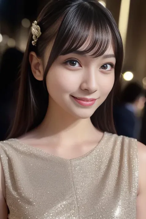 1girl,(wearing a sleeveless glittery dress like ancient athens woman:1.2),(RAW photo, best quality), (realistic, photo-realistic:1.4), masterpiece, an extremely delicate and beautiful, extremely detailed, 2k wallpaper, Amazing, finely detail, extremely detailed CG unity 8k wallpaper, ultra-detailed, highres, soft light, beautiful detailed girl, extremely detailed eyes and face, beautiful detailed nose, beautiful detailed eyes,cinematic lighting,city lights at night,perfect anatomy,slender body,smiling  <lora:kizukinao_lora:0.8>