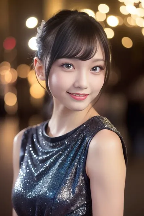 (((very beautiful starry sky)))、((An 18-year-old girl with a very cute face like an idol))、Smiling Kindly、Cleavage、(Cinema lighting)、Artistry、(Facial and body depictions that are indistinguishable from real life)、masterpiece