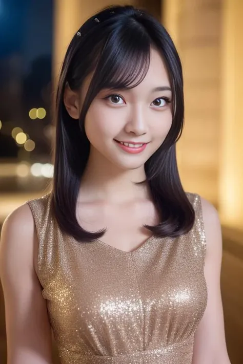1girl,(wearing a sleeveless glittery dress like ancient athens woman:1.2),(RAW photo, best quality), (realistic, photo-realistic:1.4), masterpiece, an extremely delicate and beautiful, extremely detailed, 2k wallpaper, Amazing, finely detail, extremely detailed CG unity 8k wallpaper, ultra-detailed, highres, soft light, beautiful detailed girl, extremely detailed eyes and face, beautiful detailed nose, beautiful detailed eyes,cinematic lighting,city lights at night,perfect anatomy,slender body,smiling  <lora:kizukinao_lora:0.8>