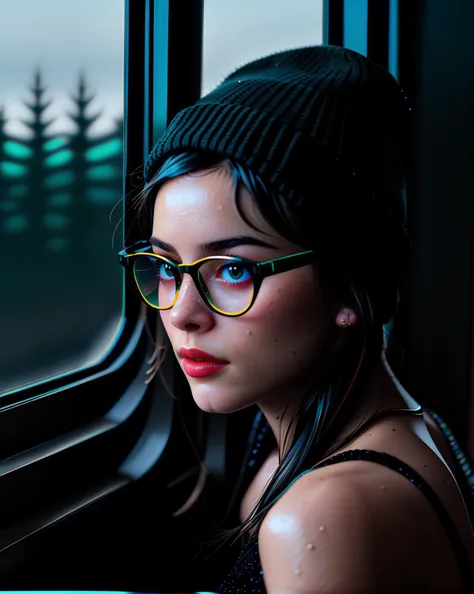 tv_Veronique_LaSalle_MXAI, 1Female. Age is early 20s. Train window seat. Quietly relaxing. Black Glasses. Knit hat. Wearing V-neck tank top and thermal leggings. Warm blanket. Head leaning against the window. Calm and peaceful expression. Dim and cold weather, very cloudy sky, raining, condensation or dew on the window, forest background. rich in detail, sense of tranquility and coldness, overcast sky, cozy and comfortable atmosphere, soft lighting. 35mm photograph, film, bokeh, professional, highly detailed dynamic lighting, photorealistic, 8k, raw, rich, intricate details, key visual, vivid colors.