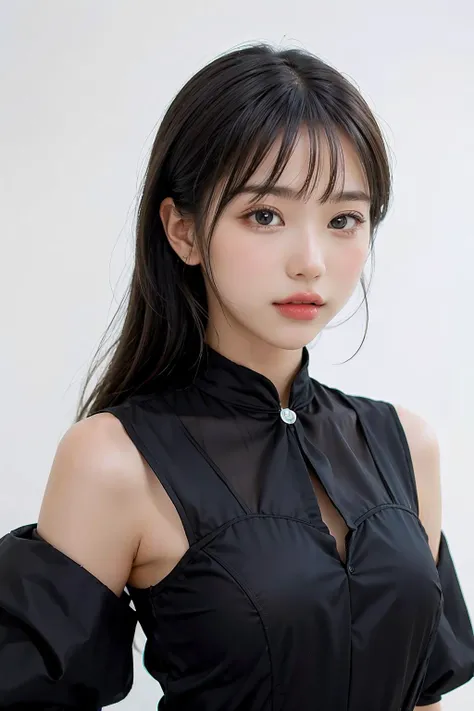 1girl, black random formal attire, white background, <lora:panda_BNK48-02:1>