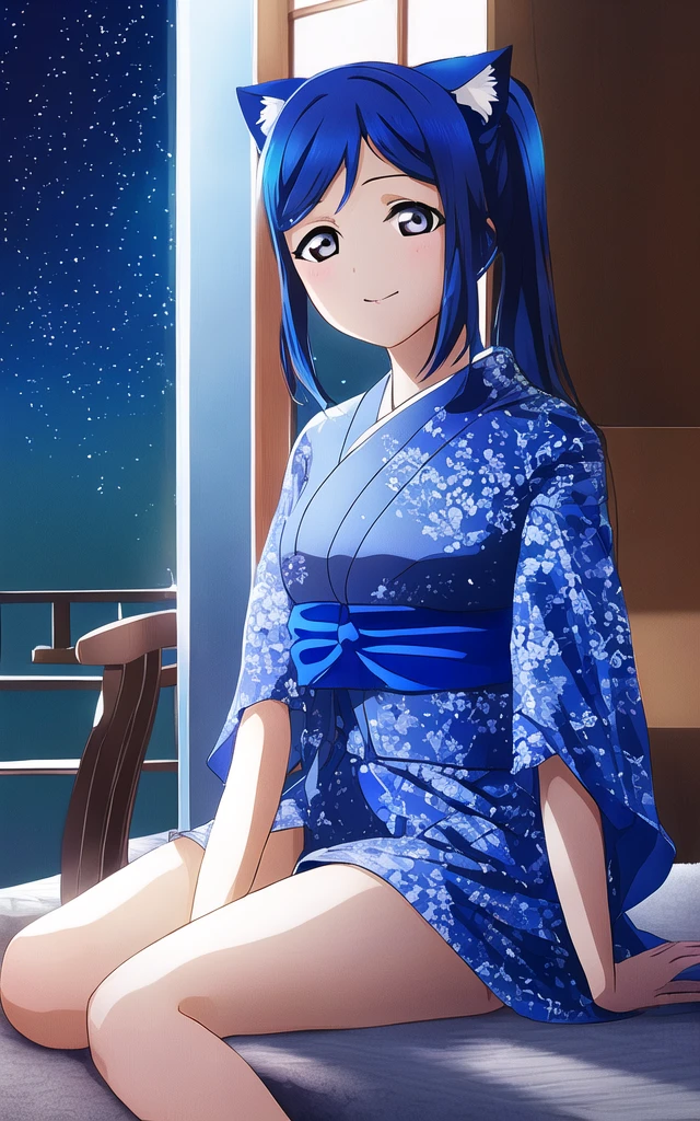 matsuura_kanan, <lora:kanan_v1-000008:0.8>, (blue hair:1.2), best quality, masterpiece, soft lighting, absurdres, 1girl, solo, a catgirl, sitting on right, demon wings, full body, cinematic light, tokyo at night