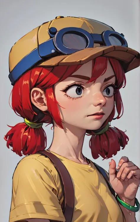 , Better quality ,fullbody , ,score_9, score_8_up, score_7_up, source_anime , <lora:xljessie:1> 1 girl ,bsjessie , red hair ,pigtails ,yellow baseball cap , goggles , yellow shirt , brown pants , simple background , Short sleeves , From the front , bracelet , upper body