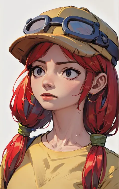 , Better quality ,fullbody , ,score_9, score_8_up, score_7_up, source_anime , <lora:xljessie:1> 1 girl ,bsjessie , red hair ,pigtails ,yellow baseball cap , goggles , yellow shirt , brown pants , simple background , Short sleeves , From the front , bracelet , upper body