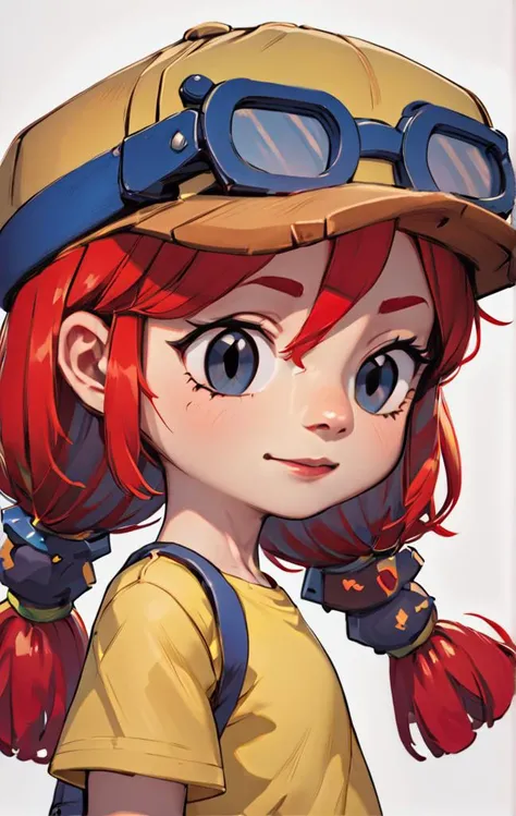 ,score_9, score_8_up, score_7_up, source_anime , 1 girl ,bsjessie , red hair ,pigtails ,yellow baseball cap , goggles , yellow shirt , simple background , Short sleeves, upper body ,Cute , chibi <lora:bsjessiexl:1>